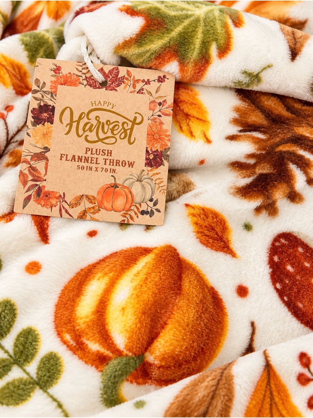 Plush Flannel Throw Blanket 50” x 70” Fall Pumpkin Autumn Print NWT